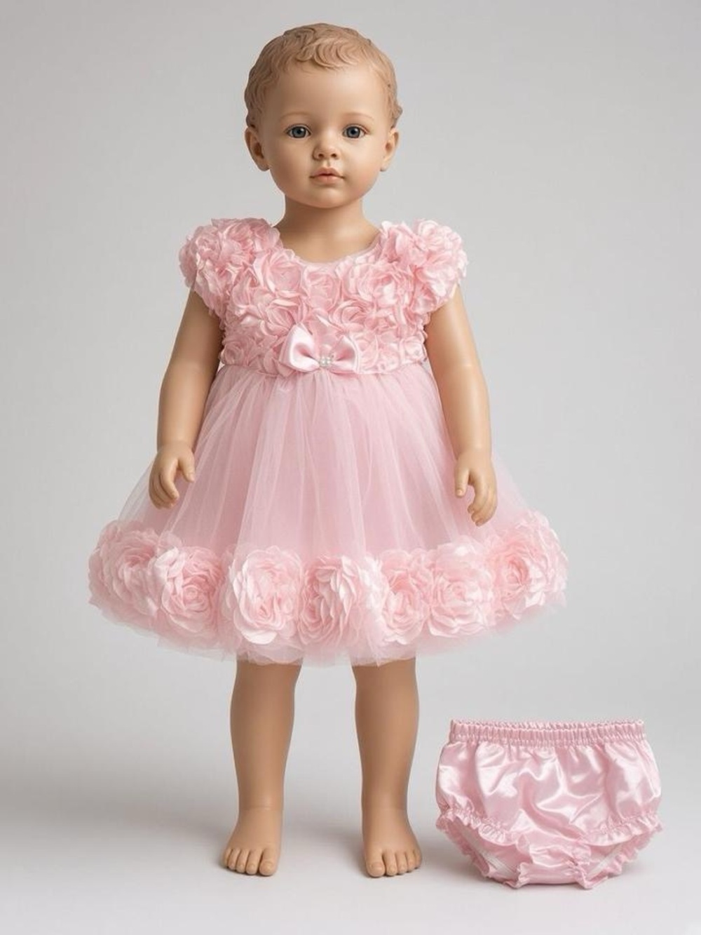Nannette Baby Pink Floral Tulle Dress with Satin Bloom